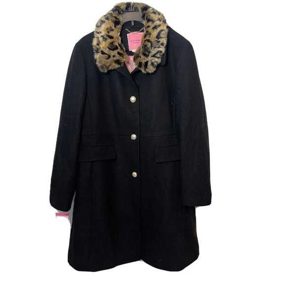 Kate Spade Women Leopard Faux Fur Trim Wool Blend Coat Black XL Pearl Button NEW